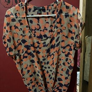 Forever 21 Orange and Navy Printed Short-Sleeve Blouse